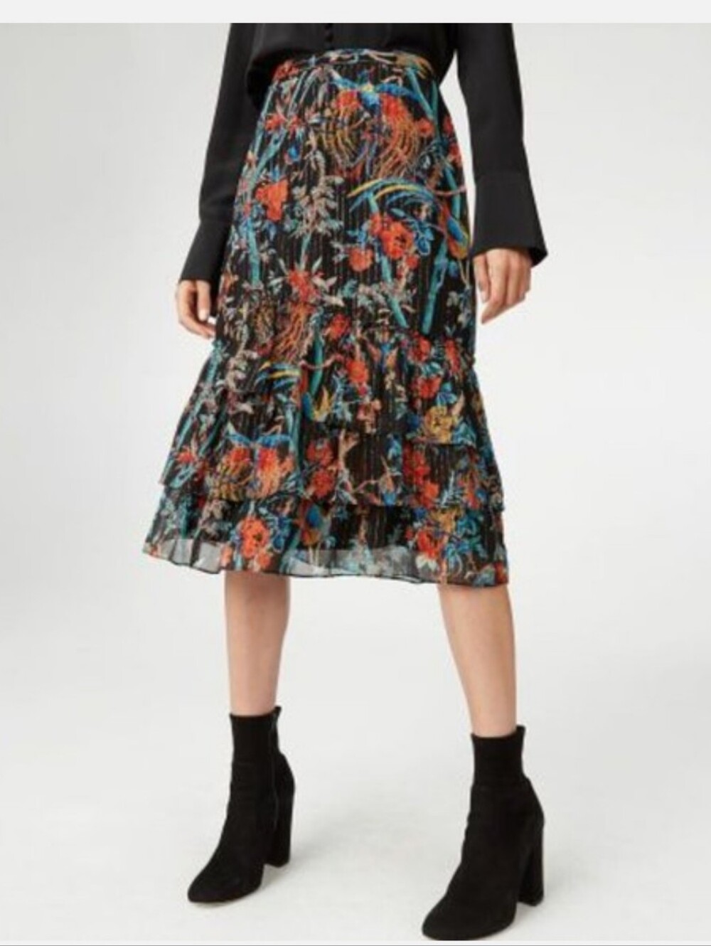 Club Monaco Silk Loudie Botanical Bird Print Shimmer Midi Skirt Size 8